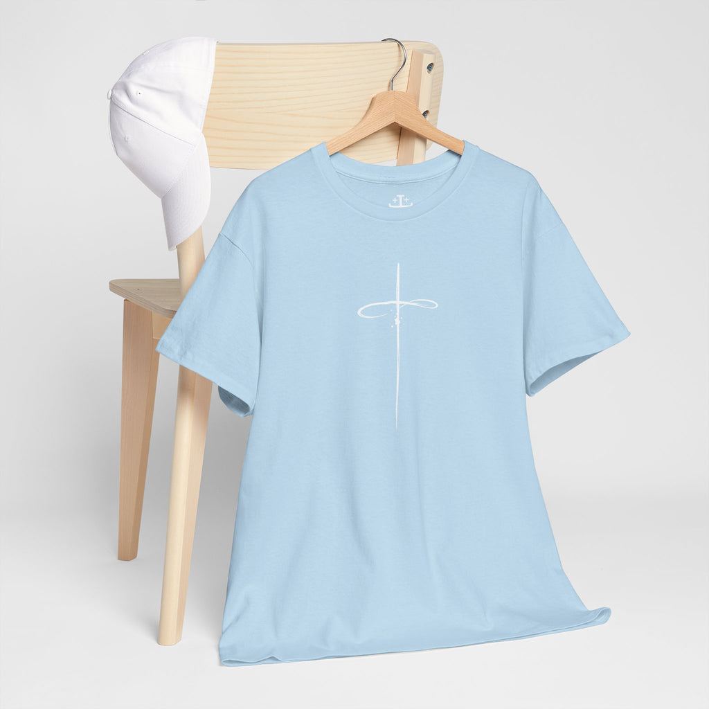 Light Blue Minimalistic Cross Womens Christian TShirt hanging