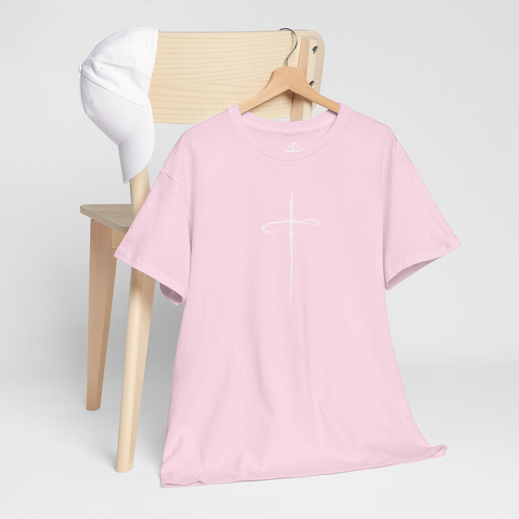 Light Pink Minimalistic Cross Womens Christian TShirt hanging