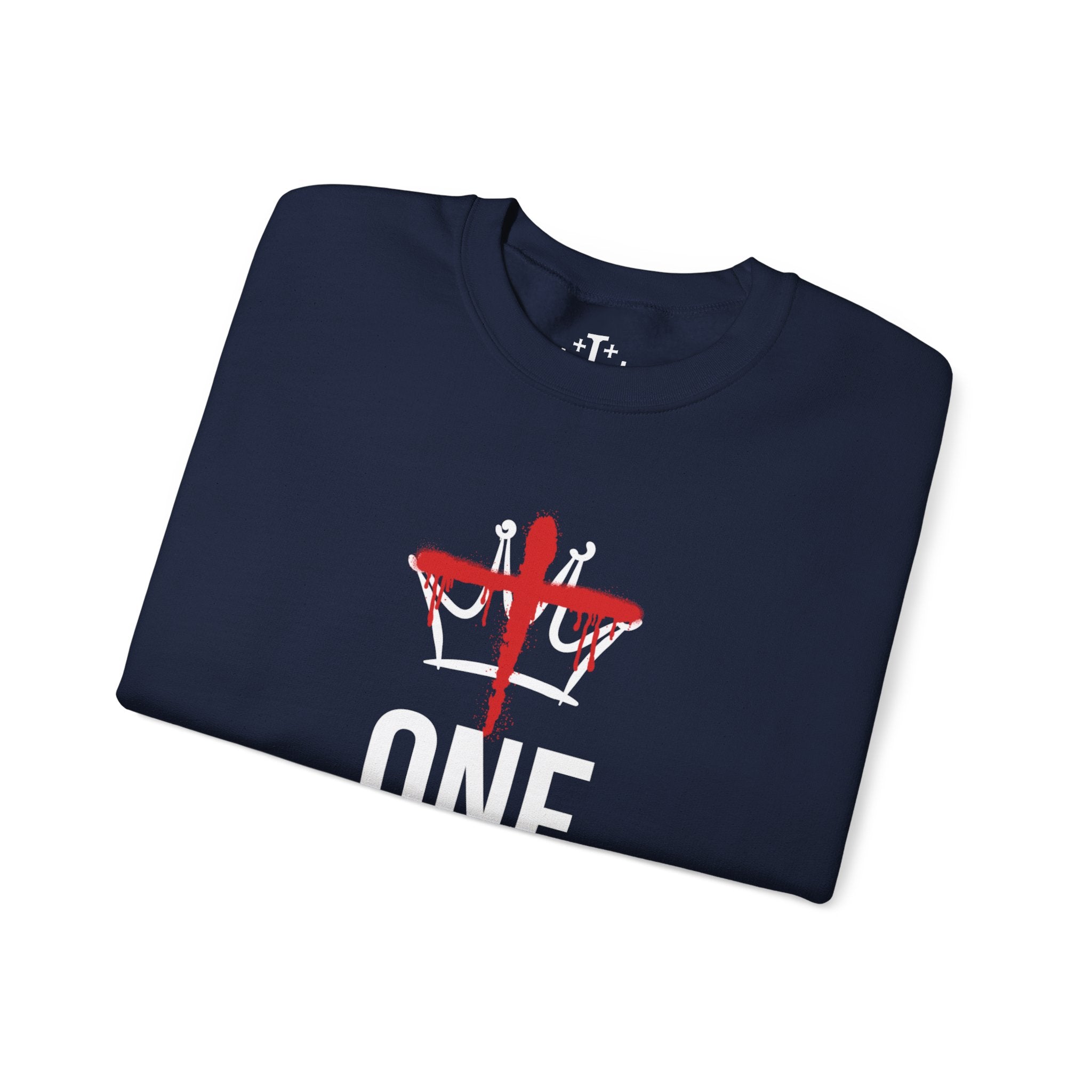 Navy Christ is the One King Christian Crewneck Sweatshirt folded
