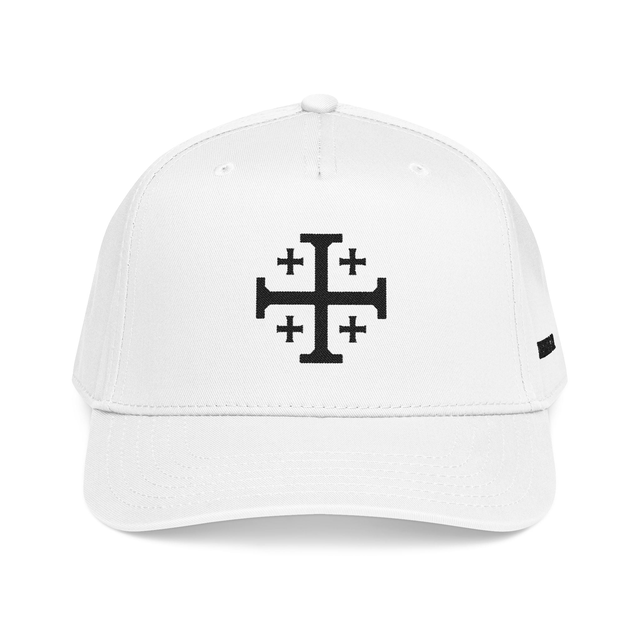White crusaders co baseball hat front. Featuring the Jerusalem Cross.