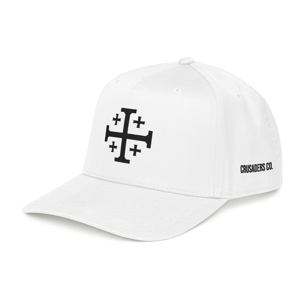 White crusaders co baseball hat side. Featuring the Jerusalem Cross.